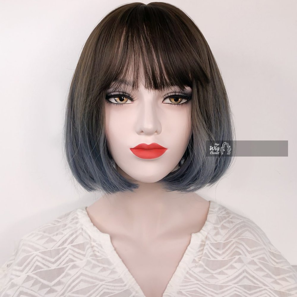 Dark Brown Ash Blue Gray Ombre Wavy Wig with Bangs 12" | Gift For Her |Grace